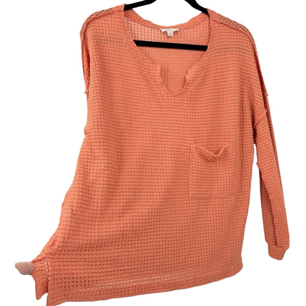 Elan Waffleknit Boyfriend Top Oversized V Neck Long Sleeve Grunge Slouchy Beach - Picture 4 of 11